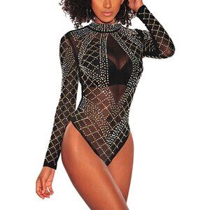 Sexy Sheer Mesh Turtleneck See Through Leotard Bodysuit Long Sleeve Stretchy NWT